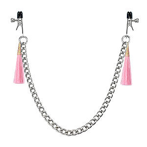 LoveToy Tassel Nipple Clamp with Chain Pink, růžové skřipce na bradavky 14 cm