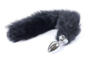 Černý huňatý liščí ocas s kovovým análním kolíkem 45 cm