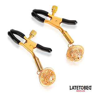 LATETOBED BDSM LINE Nipple Clamps with Bell (Black and Gold), svorky na bradavky s rolničkou