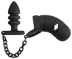 Black Velvets Cock Cage + Butt Plug (Black), pás cudnosti anal lock