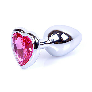 Boss Series Jewellery Silver Heart Plug Pink - stříbrný anální kolík s drahokamem ve tvaru srdce 7 x 2,7 cm