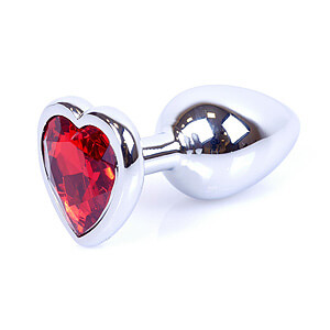 Boss Series Jewellery Silver Heart Plug Red - stříbrný anální kolík s drahokamem ve tvaru srdce 7 x 2,7 cm